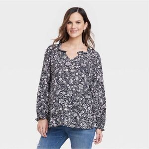 New! ISABEL MATERNITY Floral Print Ruffle Blouse Long Sleeve Sz Small Side Ties